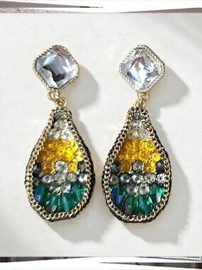 Gold Teardrop Earrings w Clear, Yellow, Green & Blue Stones
